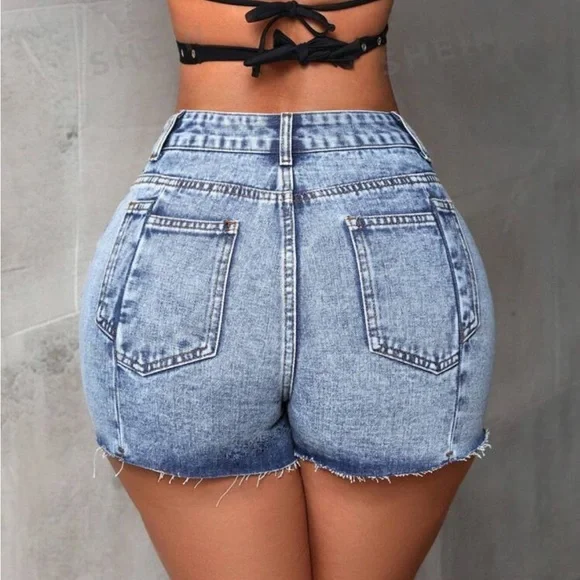 NWT SHEIN Slim Fit Denim Shorts W/ Frayed Hem & Slant Pockets - Picture 3 of 7